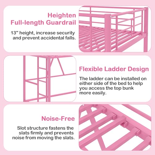 Pink Twin Size Metal Loft Bed with Ladder and Guardrail A8546