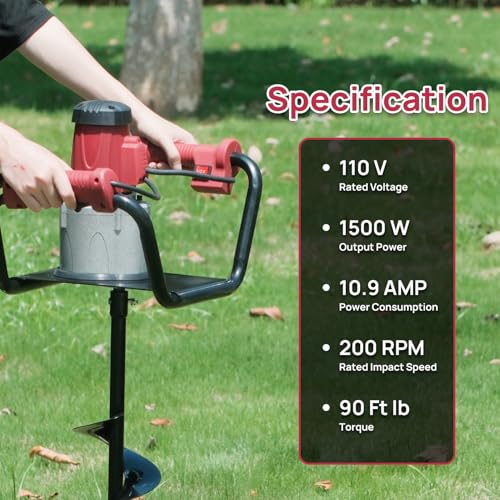1500W Electric Post Hole Digger with 8" Digging Auger and Extension Rods Y234033