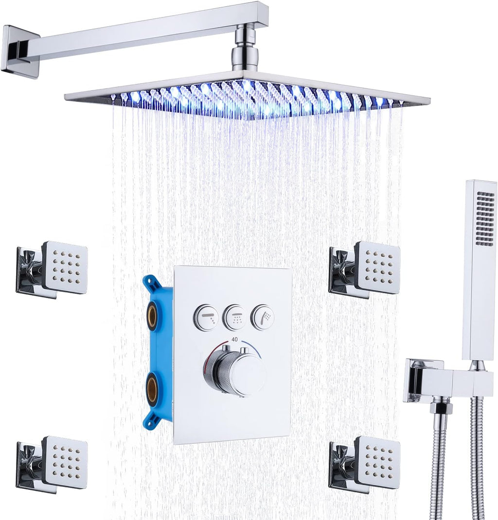 12 Inch Ceiling Rain Shower Head Combo System with Body Jets and Handheld Shower Faucet Set Matte Black T1835