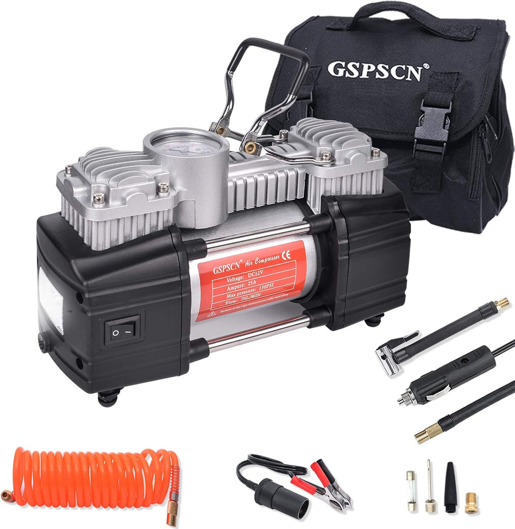 Portable Tire Inflator Double Cylinder Air Compressor Pump with LED Light, 150 PSI Metal Tire Pump with Locking Air Chuck B13003