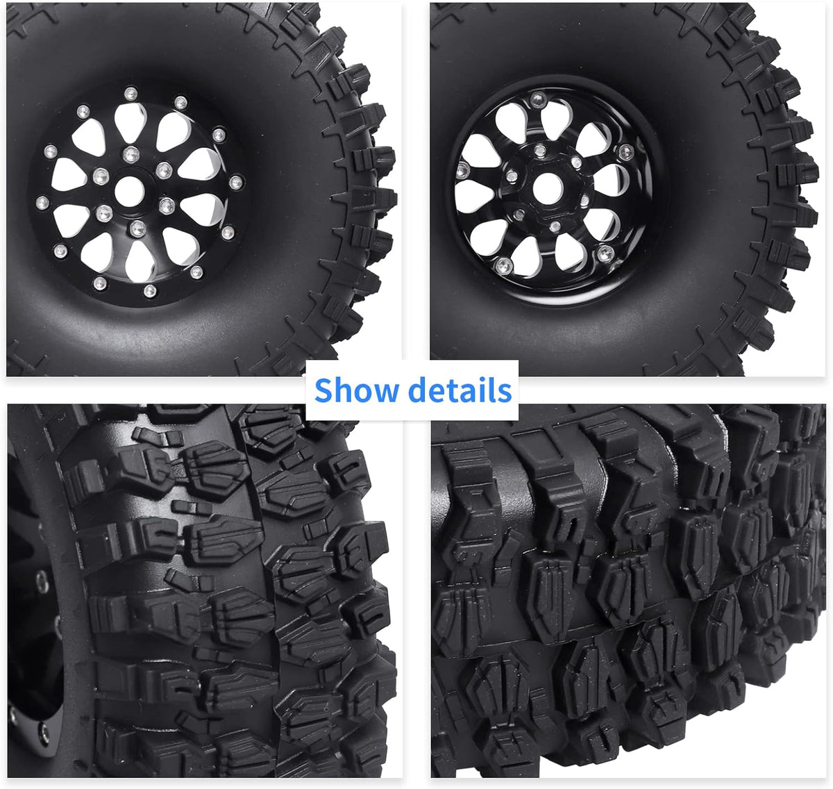 1.9 Beadlock Wheels and Tires for 1/10 RC Crawler, Soft Rubber with Foam Inserts, Set of 4 F8198