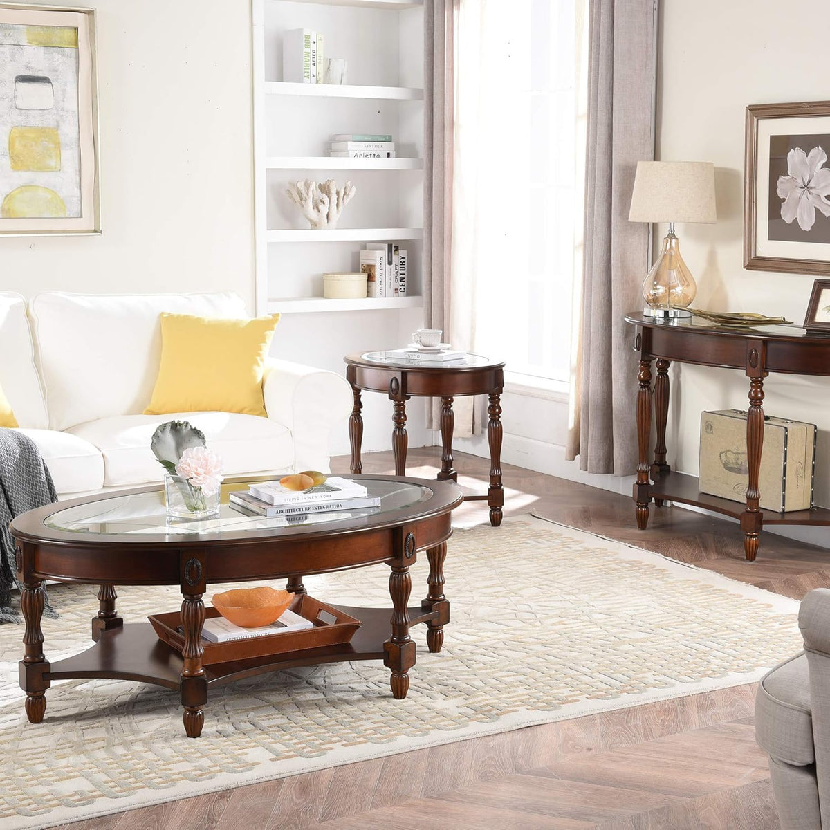 Solid Wood End Table with Tempered Glass and Storage Shelf Y34930