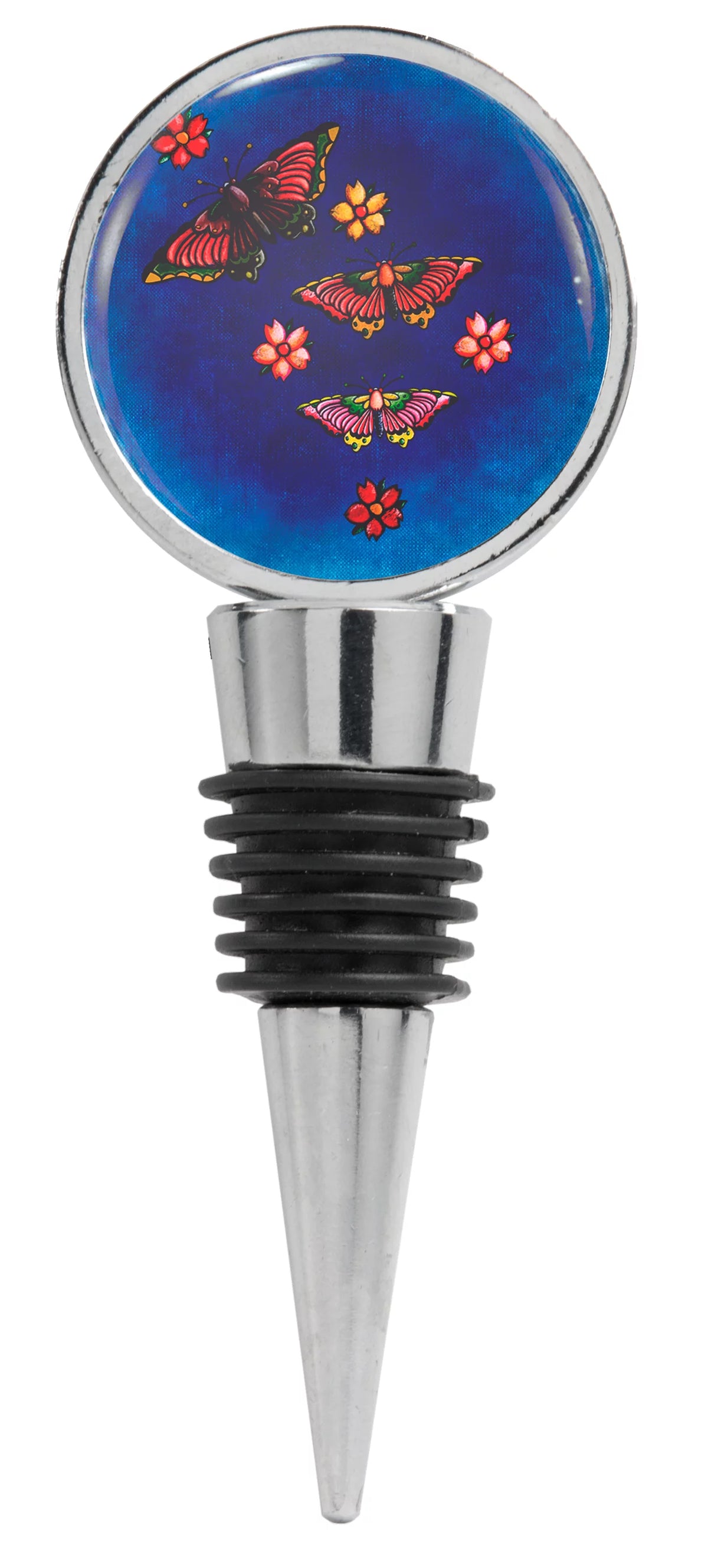 Pink Butterflies and Flowers Blue Wine Stopper U49918