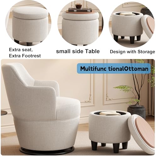 Beige Cotton Linen Upholstered Swivel Chair with Storage Ottoman M850053