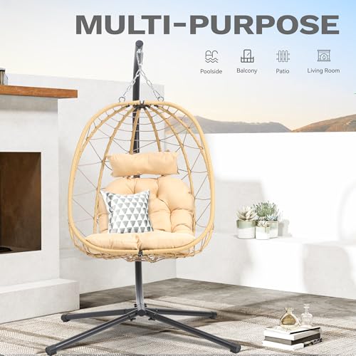 Egg Swing Chair with Stand Wicker Egg Chair with Cushions Beige F315864