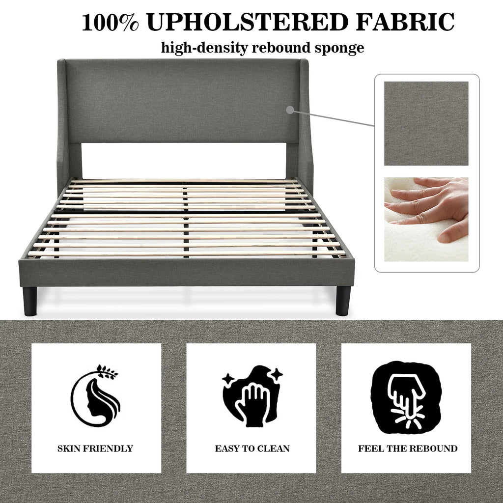 Full Size Fabric Upholstered Platform Bed Frame with Wingback Headboard, Light Grey D60058