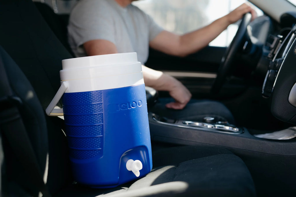 2-Gallon Blue Plastic Beverage Jug with Hooks W54337