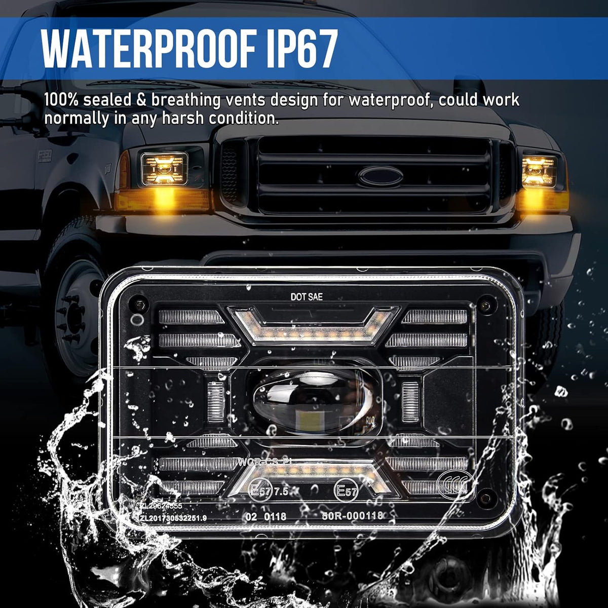 80W Square 4x6 Inch LED Headlight with Halo & Turn Signal Light, 2PC Pack Y623