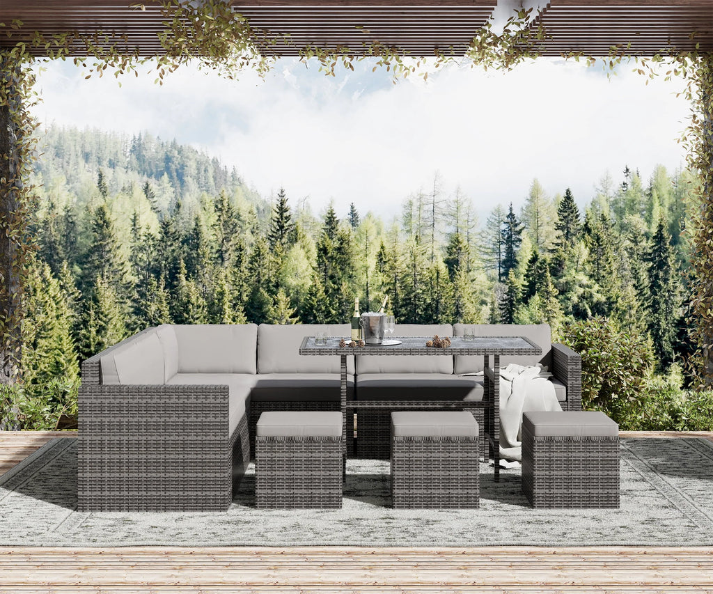 7 Piece PE Rattan Patio Sectional Sofa with Beige Cushions and Table A871