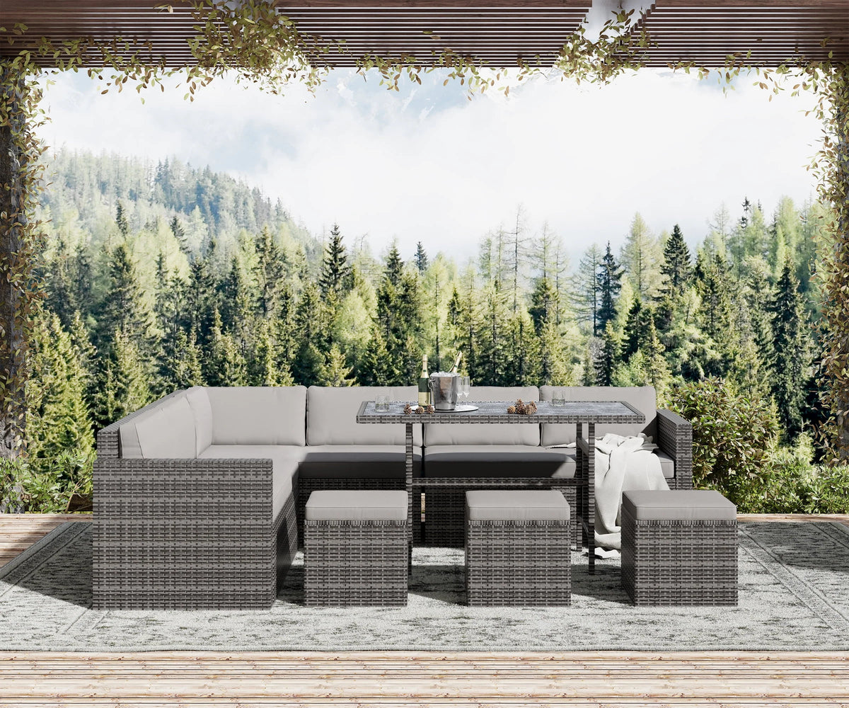 7 Piece PE Rattan Patio Sectional Sofa with Beige Cushions and Table A871