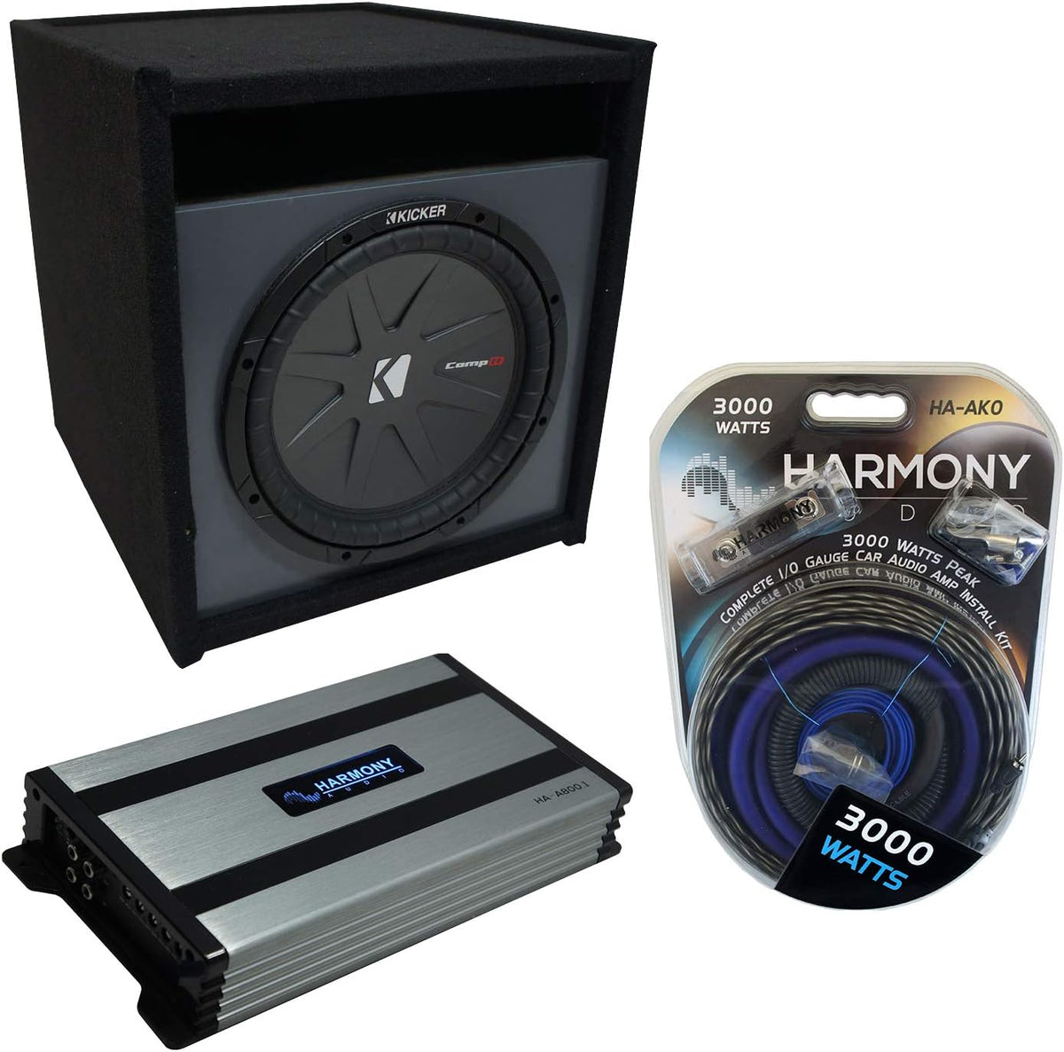 10 Kicker CompR Sub Box Enclosure & Harmony Amp D5114