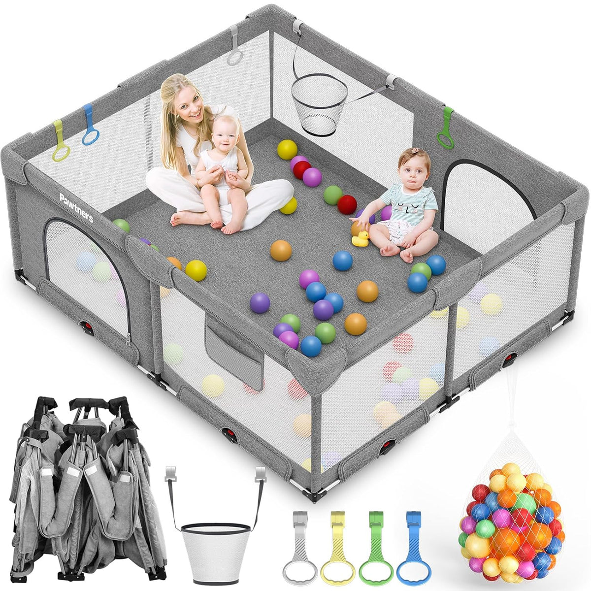 71"L x 59"W x 27"H Large Portable Baby Playpen with 50PCS Ocean Ball K373