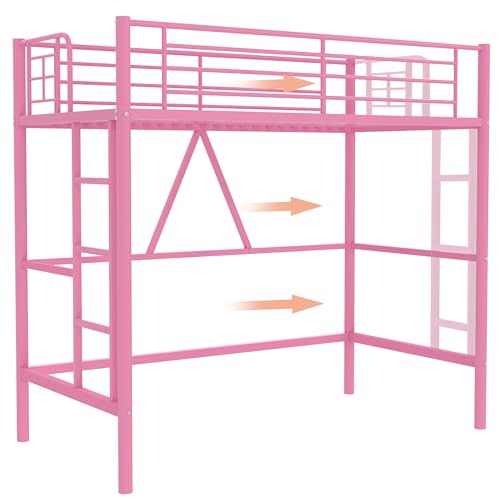 Pink Twin Size Metal Loft Bed with Ladder and Guardrail A8546