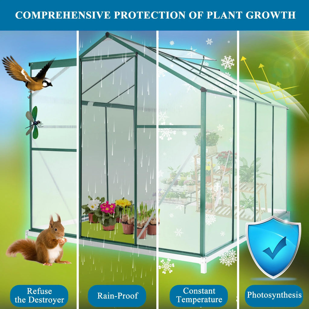 8x6FT Polycarbonate Walk in Greenhouse with Window & Sliding Door X432260