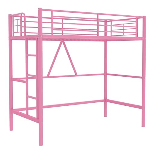 Pink Twin Size Metal Loft Bed with Ladder and Guardrail A8546