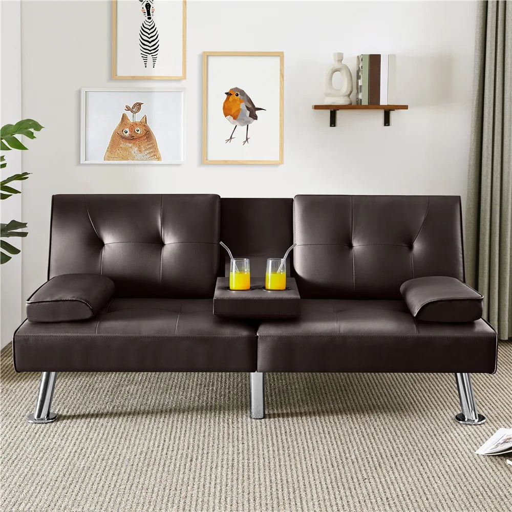 Black Faux Leather Convertible Futon Sofa Bed with Cup Holders U1668