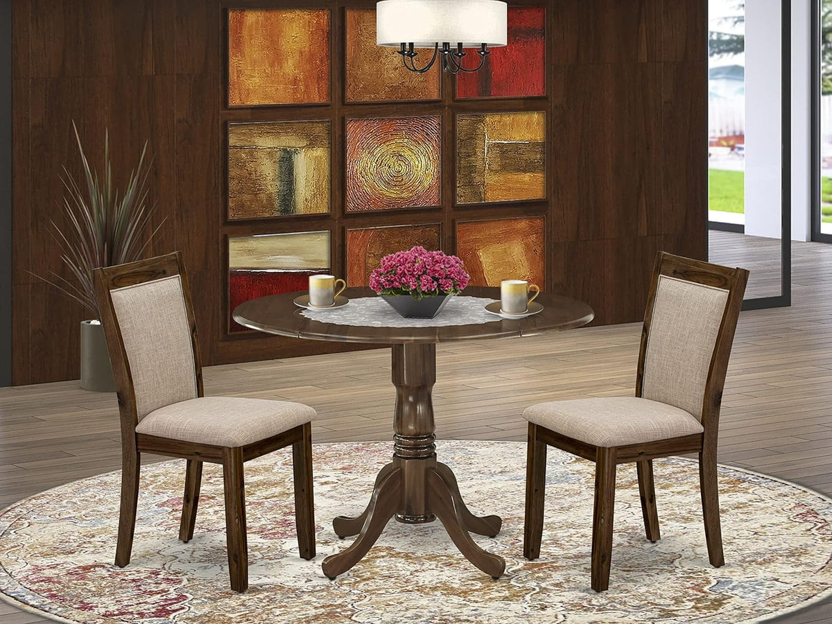 3 Piece Dinette Set with Round Table with Dropleaf and 2 Light Tan Linen Fabric Parsons Dining Chairs N807