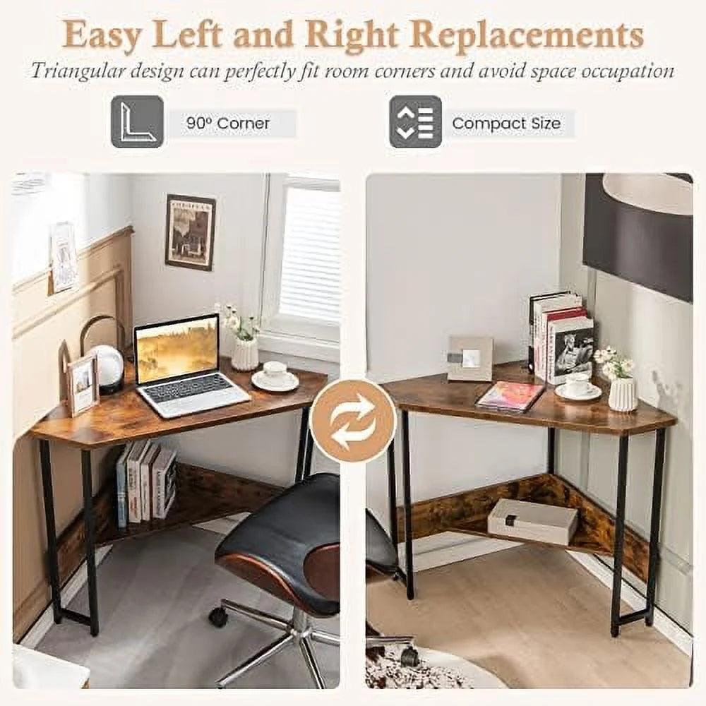 Industrial Corner Desk with Power Outlet Shelves Metal Frame Wood K133055