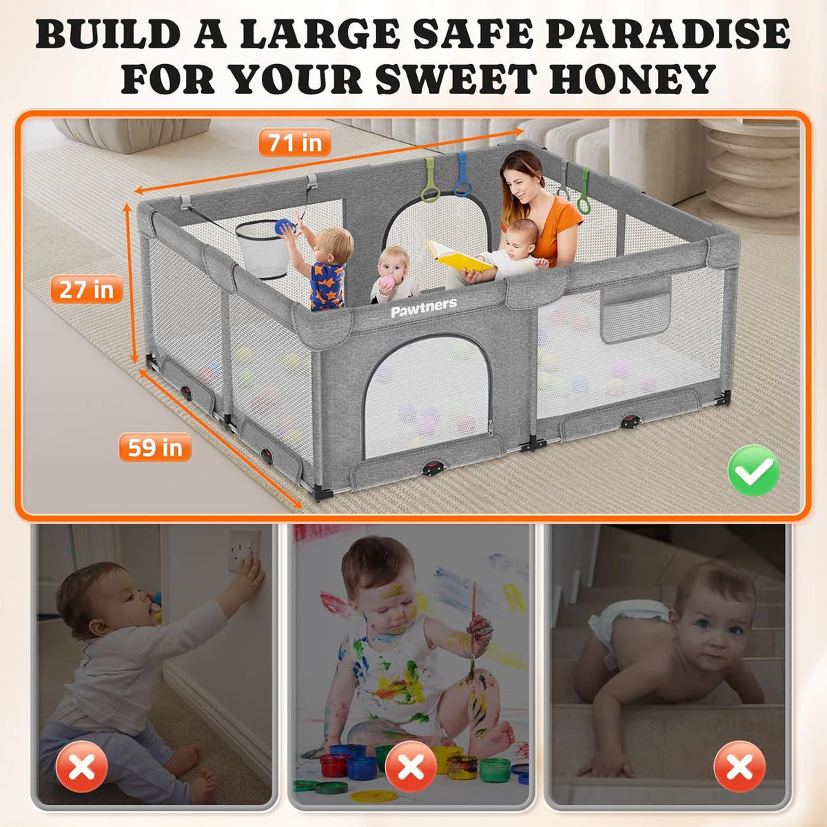 71"L x 59"W x 27"H Large Portable Baby Playpen with 50PCS Ocean Ball K373