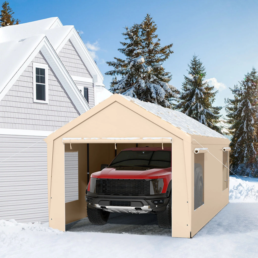 12 x 20 ft Heavy Duty Steel Carport Canopy with Window, Beige F9663
