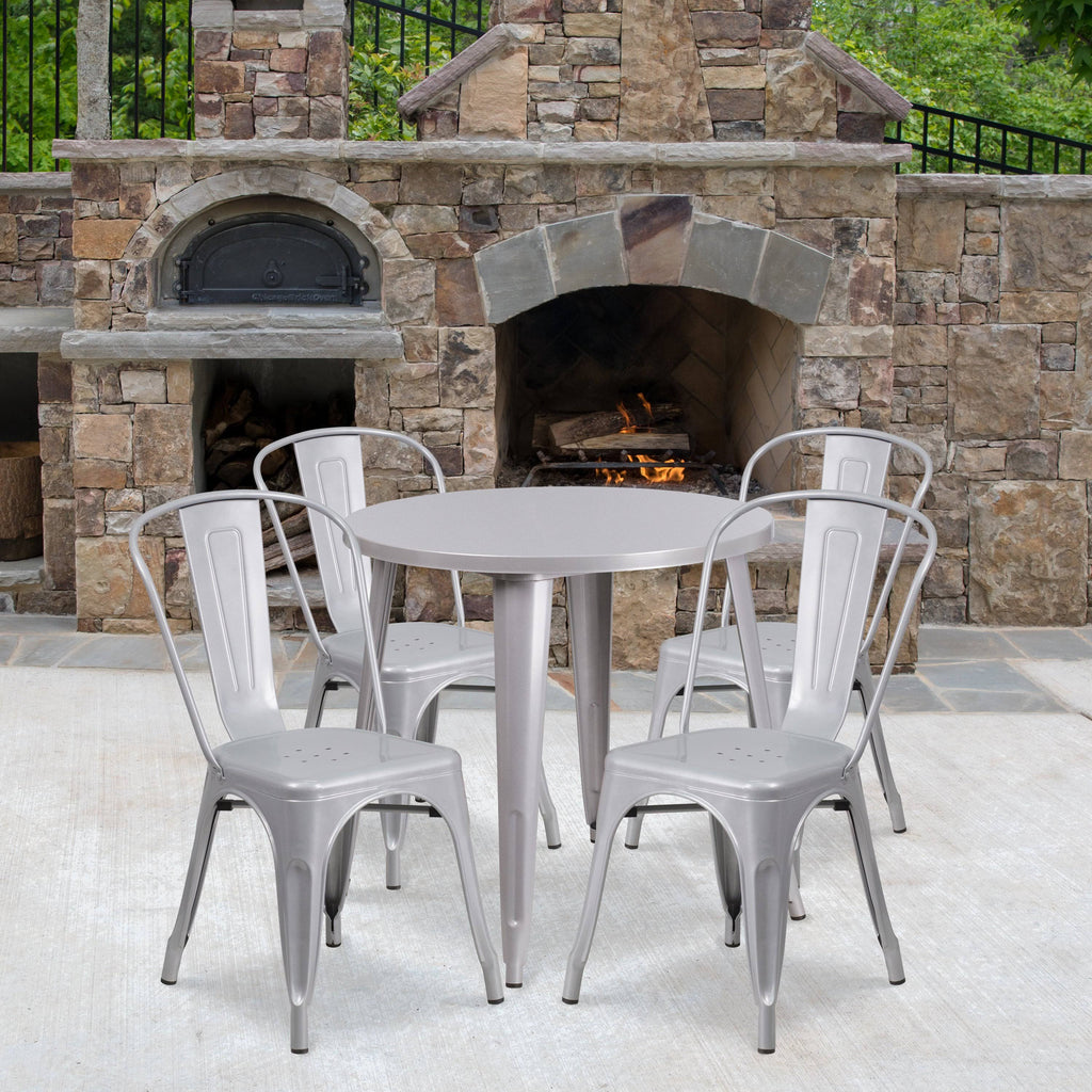 Silver Round Metal Table Set with 4 Cafe Chairs R997836