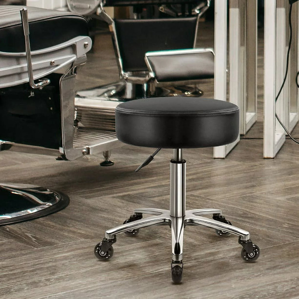 Heavy Duty Rolling Stool with Wheels Hydraulic Swivel Adjustable Ergonomic Thick Leather Seat Black W5144