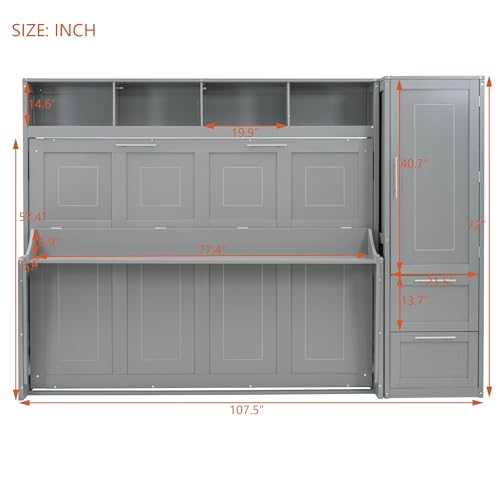 Gray Full Size Murphy Bed with Storage Shelves and Drawers G459305