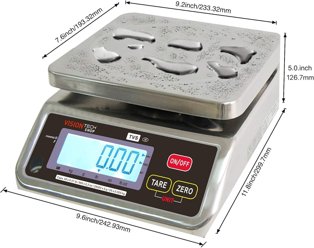 Stainless Steel Washdown Scale, 60lb Capacity, 0.01lb Readability, Dual Display M7592