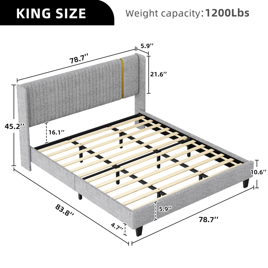 Upholstered Wingback King Bed Frame with Wood Slats O932