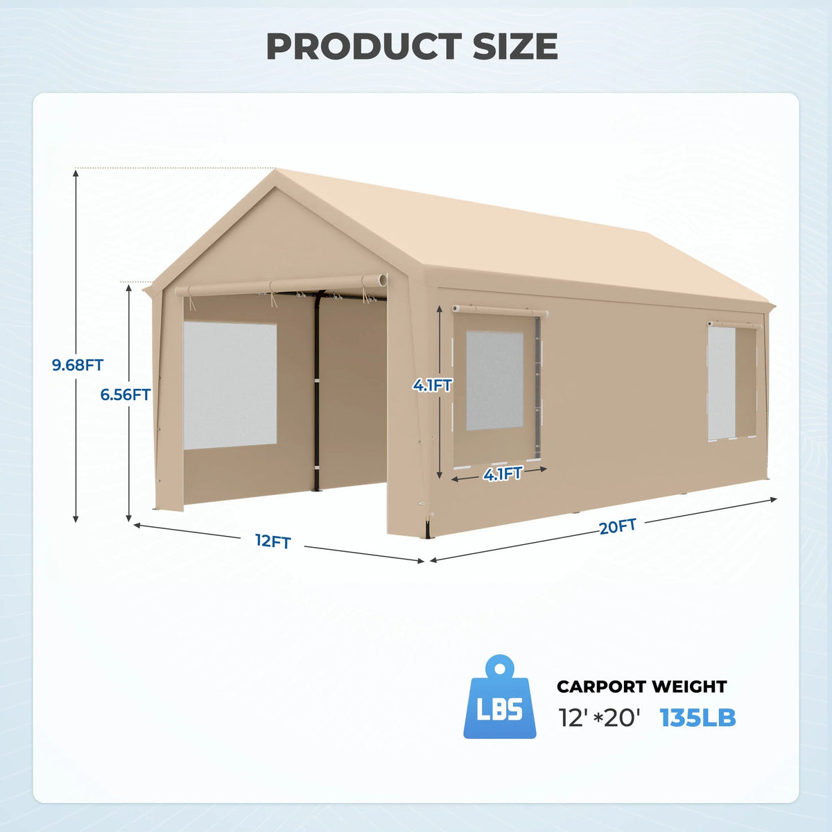 12 x 20 ft Heavy Duty Steel Carport Canopy with Window, Beige F9663