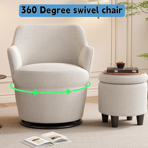 Beige Cotton Linen Upholstered Swivel Chair with Storage Ottoman M850053