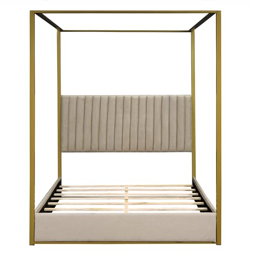 Queen Size Beige Upholstered Canopy Platform Bed Frame I13171