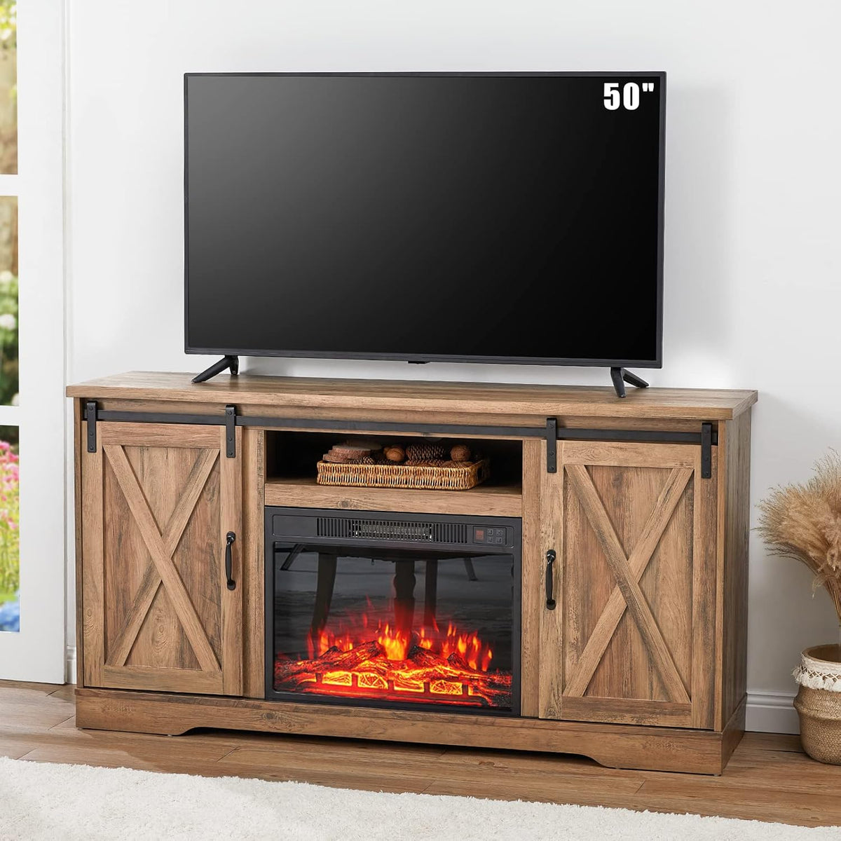 Sliding Barn Door Wood TV Stand with Adjustable Shelves Y688303