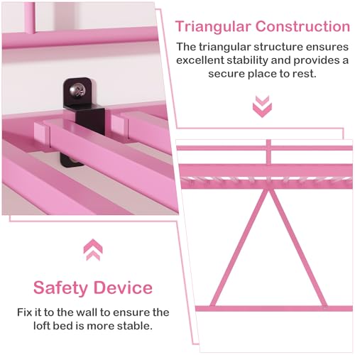 Pink Twin Size Metal Loft Bed with Ladder and Guardrail A8546