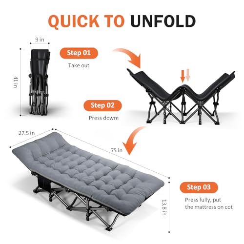 Camping Cot with Cushion Portable Folding Bed (Gray) M149309