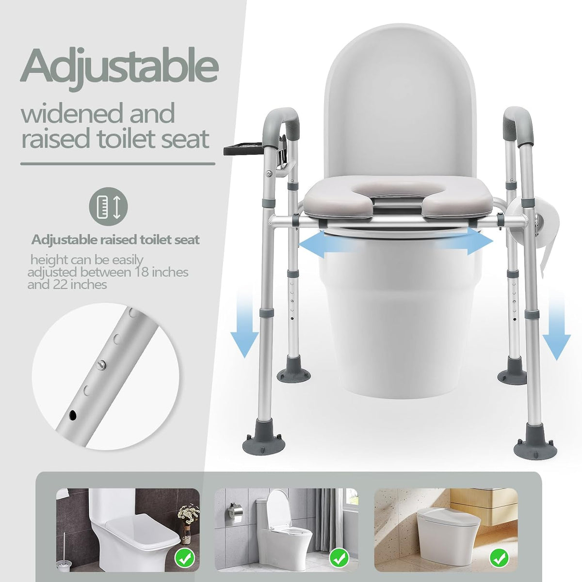 Raised Toilet Seat with Handles, Height Adjustable, Heavy Duty Padded Seat Riser, 350lbs Capacity X442560