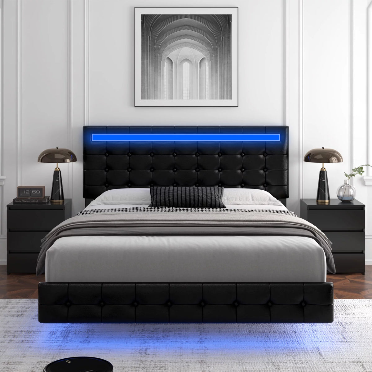 White Queen Floating LED Platform Bed with Storage G16950