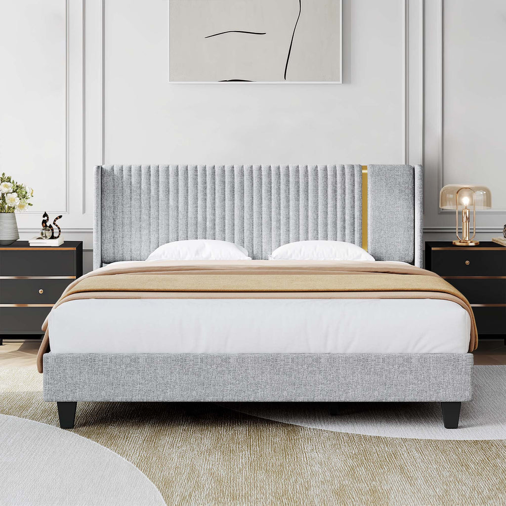 Upholstered Wingback King Bed Frame with Wood Slats O932