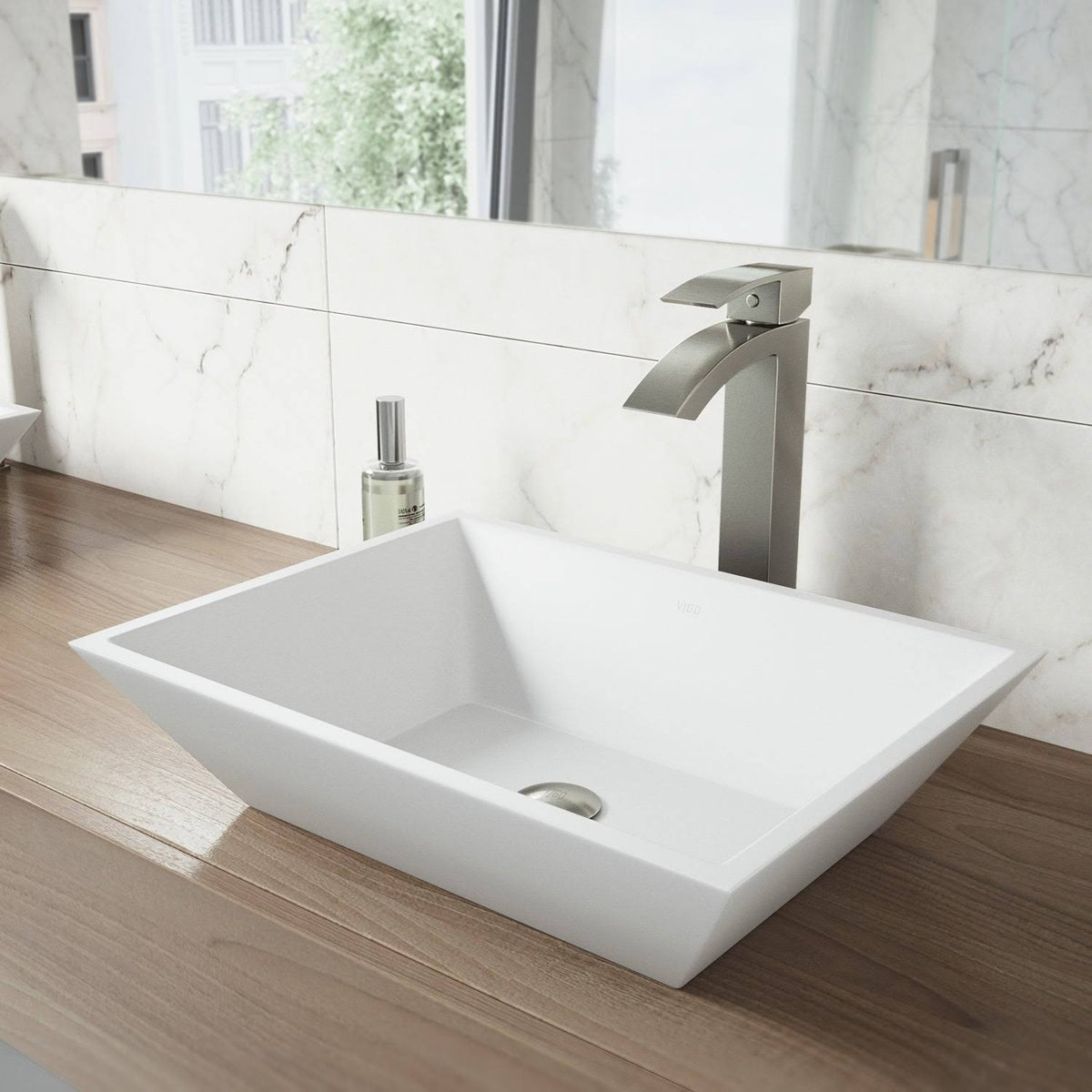 Matte Stone Vessel Bathroom Sink with Brushed Nickel Vessel Faucet F92637