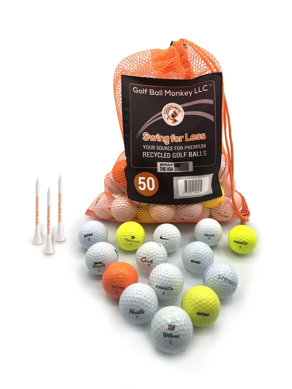 50 Pack Recycled Golf Balls with 15 Tees and Mesh Carrying Bag H21934
