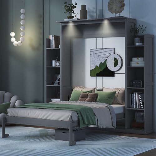 Queen Size Murphy Bed with Storage Shelves and LED Lights, Gray F278