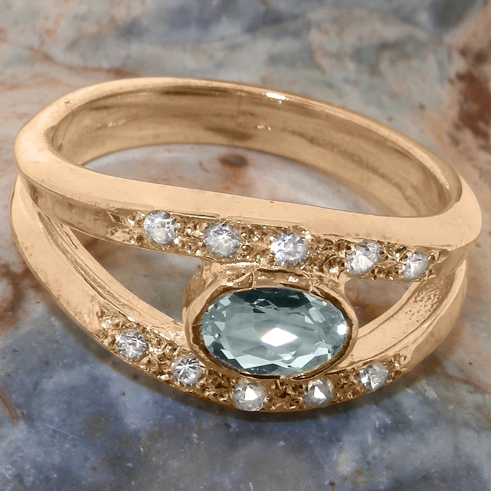 18k Rose Gold Natural Aquamarine & Diamond Womens Band Ring I4048