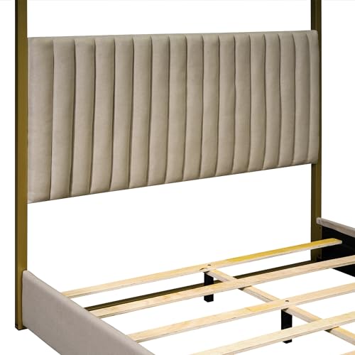 Queen Size Beige Upholstered Canopy Platform Bed Frame I13171