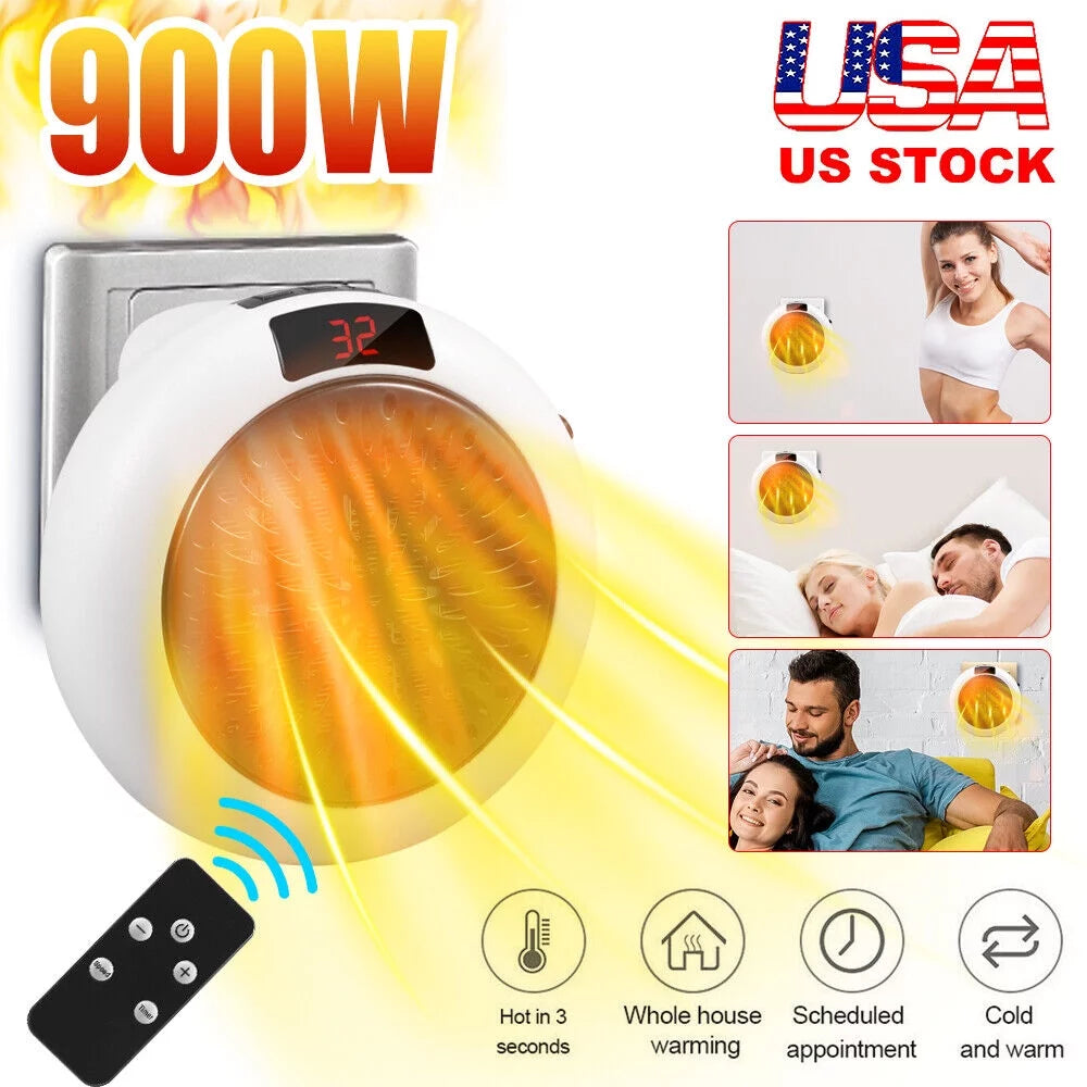 900W White Digital Thermostat Plug in Electric Heater Fan with Remote Timer O1505
