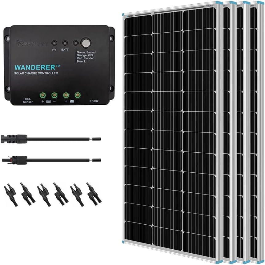400 Watt 12 Volt Monocrystalline Solar Panel Bundle Kit with 4 pcs 100W Panel and 30A PWM Charge Controller X85149
