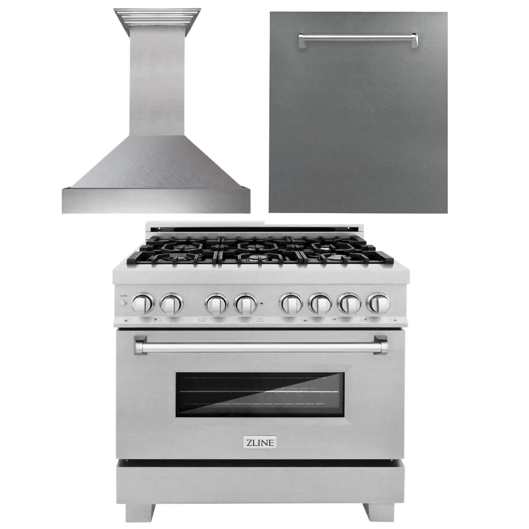 36 in. Stainless Dual Fuel Range, Range Hood and Dishwasher Y170