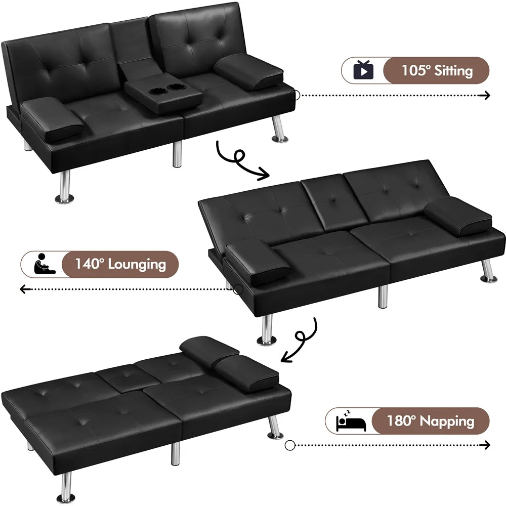 Black Faux Leather Convertible Futon Sofa Bed with Cup Holders U1668