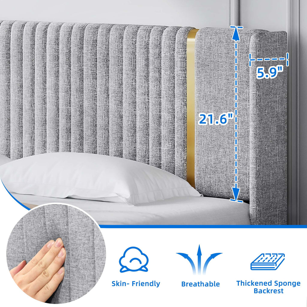 Upholstered Wingback King Bed Frame with Wood Slats O932