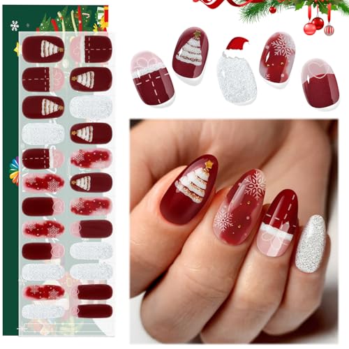 24PCS Christmas Semi Cured Gel Nail Strips Pink Glitter UV Wraps with File and Stick J260232