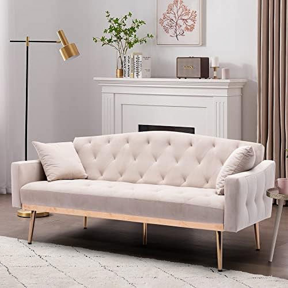 White Convertible Velvet Sofa Bed with 2 Pillows H54209